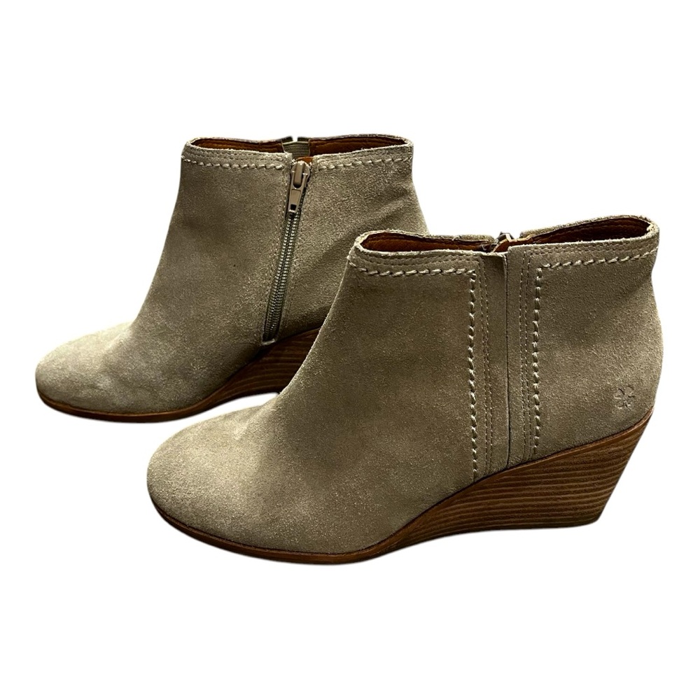 Lucky Brand Women’s Leather Zaccy Taupe Grey Ankle Wedge Heel Boots Size 8M